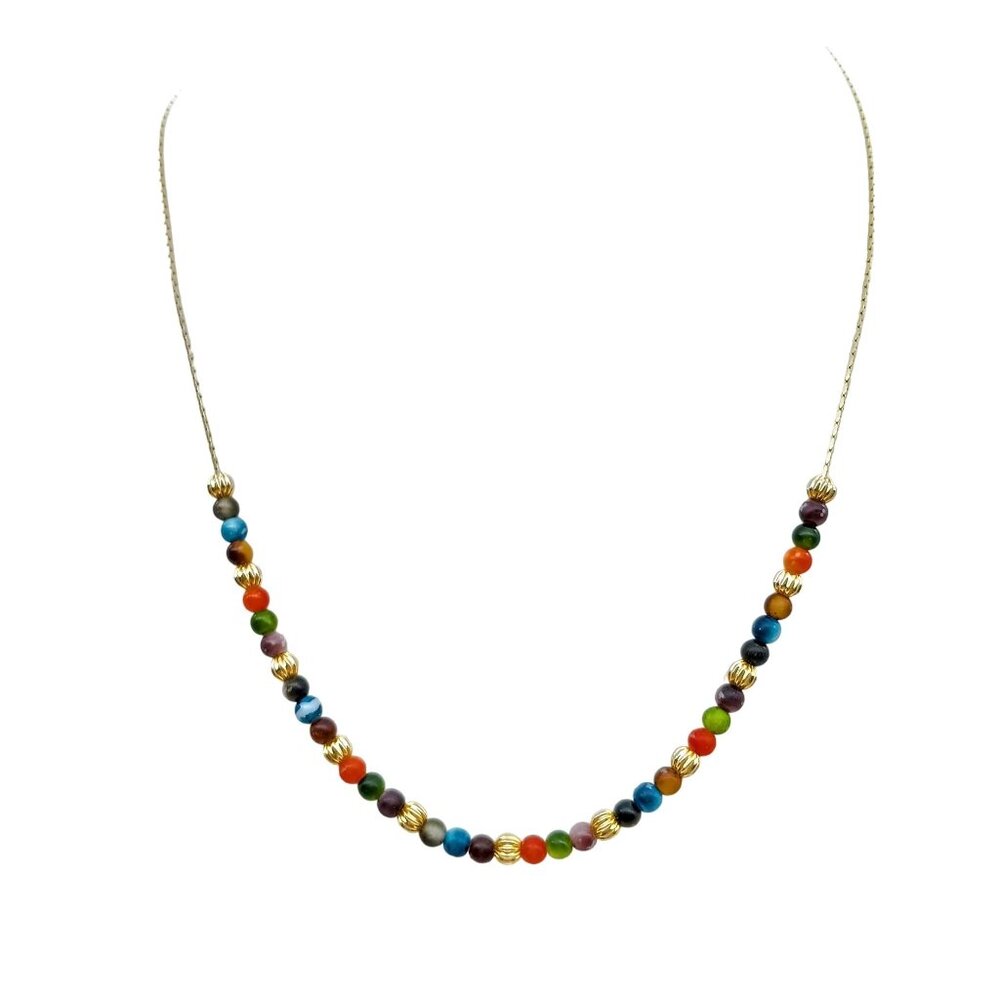 Vintage Multicolor Beaded Bib Necklace With Gold Tone Accents
